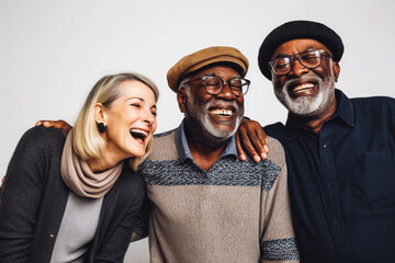 Wall Mural - Three fun loving multiethnic males and females posing in studio against light background. Generative AI.