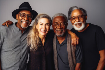 Wall Mural - Four fun loving multiethnic males and females posing in studio against dark background. Generative AI.