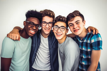 Wall Mural - Four fun loving smiling cheerful multiethnic teen males posing in studio against light background. Generative AI.