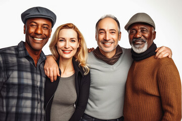 Wall Mural - Four fun loving multiethnic males and females posing in studio against light background. Generative AI.