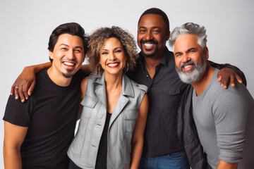 Wall Mural - Four fun loving multiethnic males and females posing in studio against light background. Generative AI.