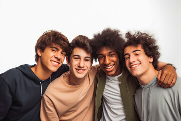 Wall Mural - Four fun loving smiling cheerful multiethnic teen males posing in studio against light background. Generative AI.