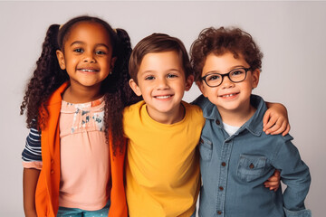 three fun loving cheerful happy multiethnic children posing in studio. generative ai.