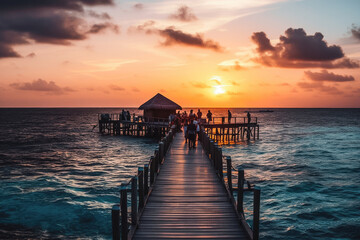 Romantic sunset on pier with villas on the water. Beautiful beach with clear blue water and bungalows. Generative AI.