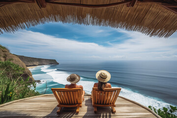 Couple enjoying morning vacations on a tropical beach bungalow. Beautiful summer and view on the ocean. Generative AI.