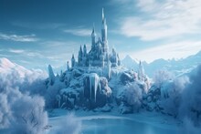 Magic Ice Castle With Snow. Fantasy Snowy Landscape. Winter Castle On The Mountain, Winter Forest. Digital Art. Generative AI