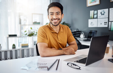 Fototapete - Happy, smile and portrait of a businessman in the office with a laptop working on a corporate project. Happiness, confidence and professional male employee doing research on computer in the workplace