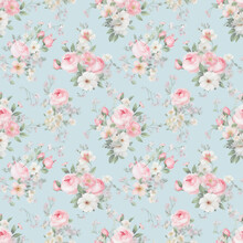 Pink Roses On Blue Background Seamless Pattern Generative AI