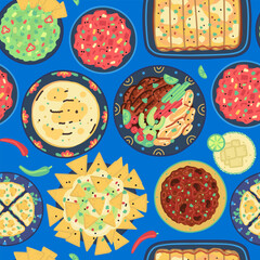 Seamless pattern of traditional mexican food on blue background. Mexican cuisine. Tortilla, quesadilla, fajitas, nachos, guacamole, salsa, margarita, chili con carne, enchiladas. Vector illustration