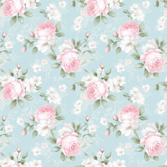  Pink roses on blue background seamless pattern Generative AI