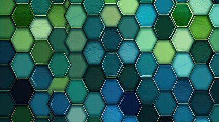 Geometric mosaic of green and blue honeycomb shapes