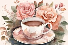 Watercolor Coffe Cup With Pink  Florals Bouquets. Peach Roses, Boho Flowers. Great For Feminine Logo, Cafe Menu, Banner, Stickers. Autumn Cup Of Coffee. Generative AI