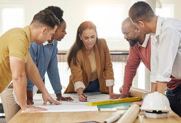 Poster - Teamwork, architecture and business people in meeting for planning, discussion and engineering design. Collaboration, construction and men and women talking with blueprint, floor plan and documents