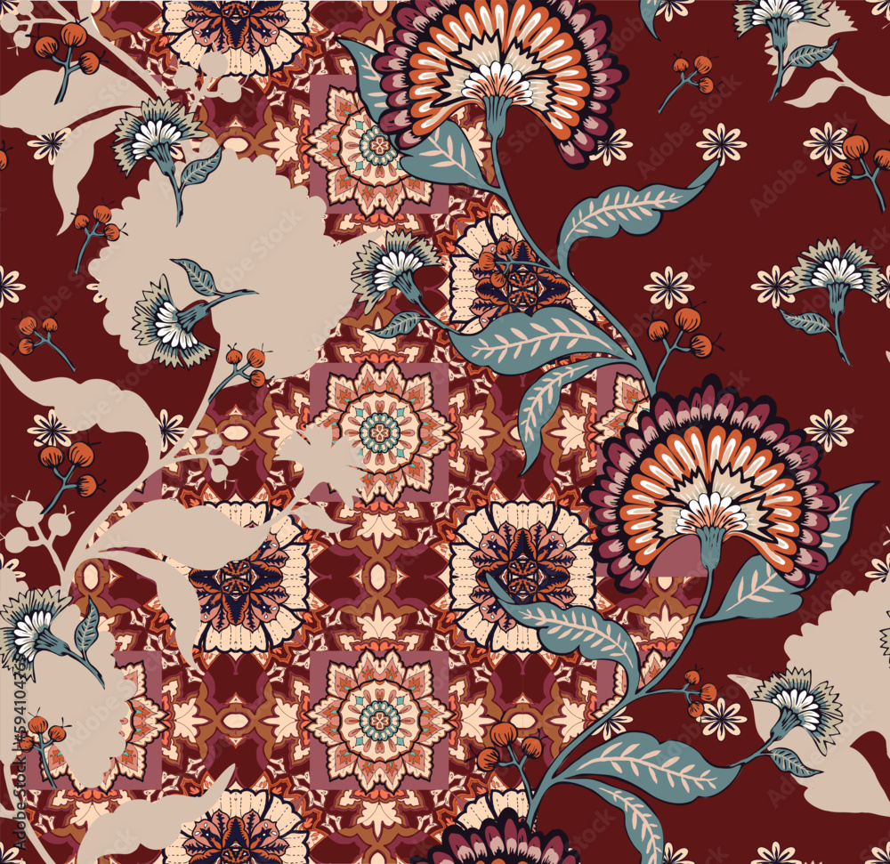 Patchwork Pictures Pattern patchwork floral pattern with paisley and indian flower motifs. damask ...