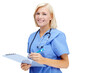 © Suresh/peopleimages.com - Portrait, clipboard and happy nurse or woman isolated on transparent, png background in healthcare service. Professional, medical person or young doctor with hospital checklist, writing or management