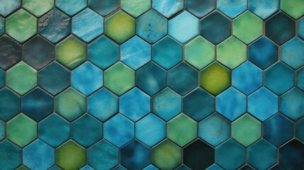 Geometric mosaic of green and blue honeycomb tiles