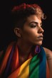 Portrait of an African American woman with LGBTQ flag, young attractive black or hispanic woman with short colored colorful hair, gay pride month, studio photography generative AI
