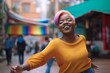 African American LGBTQ black non binary person smiling with short colored hair, pride month rainbow flag colors, portrait of happy attractive hispanic cheerful people with colorful hair, generative AI