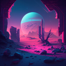 Pink And Blue Neon Lights On An Alien Planet's Surface. Neo-noir Pink And Blue Alien Planet Surface. Cyberpunk Style Alien Planet Surface, With Pink And Blue Gradient Neon Lights. Generative Ai	