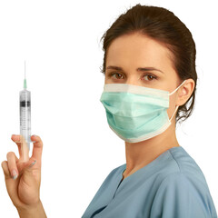 Wall Mural - Female healthcare worker wearing a face mask and scrubs while holding an injection