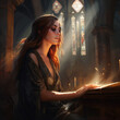 a powerful sorceress reading a spellbook fantasy concept art illustration Generative Ai