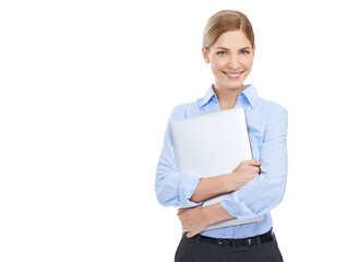 Laptop, happy and portrait of business woman with smile on isolated, transparent and png background. Technology, advertising and happy female with computer for website, social media and communication