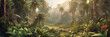 Panoramic view of dense jungle, wild forest with palm trees and tropical plants, generative AI