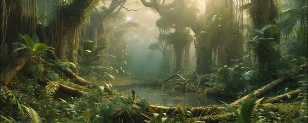 Panorama of dense jungle, wild forest with palm trees and tropical plants, generative AI.