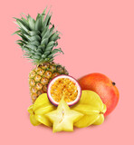 Fototapeta Kawa jest smaczna - Many different fresh fruits on light pink background