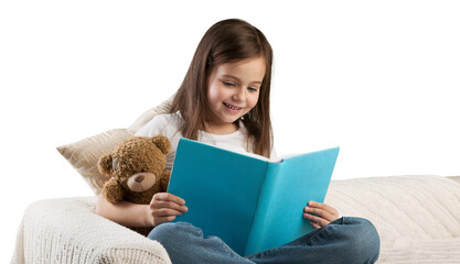 Poster - Cute child girl reading a book in bed before going to sleep