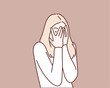 Playful shy woman hiding face laughing timid. Hand drawn style vector design illustrations.