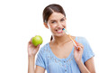 Dental health, portrait and apple with woman and toothbrush for nutrition, diet and cleaning. Fruit, smile and wellness with girl for oral hygiene and teeth isolated on a transparent png background