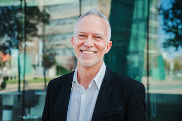 Close up portrait of mature adult business man with gray hair and suit smiling and looking at camera with succesful attitude. Happy corporate lawyer with white perfect teeth standing at workspace