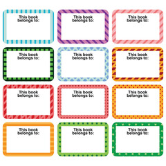 Poster - 12 template illustrations of a set of colorful label sticker blank text. Sticker marking the ownership of an item, book, bag, etc. Name tag for ownership identification, Ownership symbol