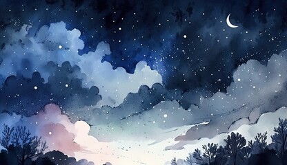 sky with clouds and star watercolor background