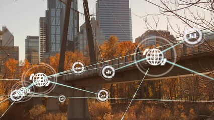 Poster - Animation of network of connections with icons over cityscape