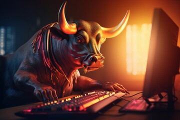 Wall Mural - Bull trading with computer background, Bullish in Stock market and Crypto currency. Created Generative Ai