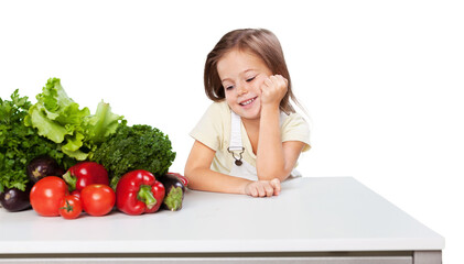 Sticker - Portrait of adorable little girl preparing healthy food at kitchen