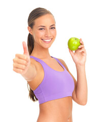 Sticker - Portrait, thumbs up and apple with a woman isolated on transparent background for sports, health or diet. Smile, nutrition or hand gesture with a happy female athlete saying yes to motivation on PNG