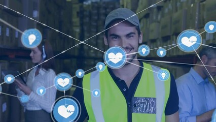 Poster - animation of network of connections with icons over diverse people working in warehouse