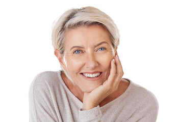 Sticker - Portrait, smile and senior woman with confidence, freedom and carefree isolated on a transparent png background. Face, mature female model and happy old person with happiness, retirement and wellness