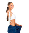 Diet, weightloss and portrait of a happy woman with measuring tape, jeans and smile. Fitness, progress and results by woman with slim figure and measurement isolated on a transparent png background