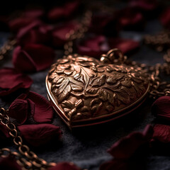 Close-up of a heart-shaped locket, intricately designed and lying on a bed of rose petals.