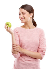 Woman, smile with apple and health, nutrition and diet, healthy food isolated on transparent, png background. Happy young female, clean eating with fruit, weight loss and organic, vegan and fresh