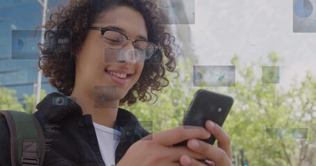 Poster - Animation of data processing over biracial man using phone in city street