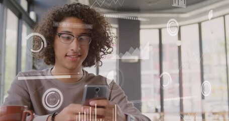 Poster - Animation of round scanner against biracial man smiling while using a smartphone at office