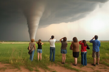 Group of people observing and videoing a strong storm with large tornado , high quality generative ai