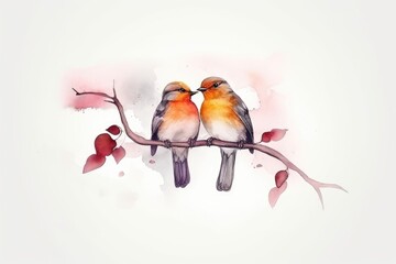 Poster - two birds perched on a tree branch. Generative AI