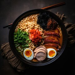 Wall Mural - ramen bowl with noodles meat ramen eggs and vegetables Generative AI, Generative, AI