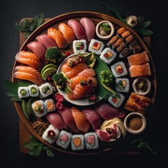 Wall Mural - assortment of sushi Generative AI, Generative, AI top down view 